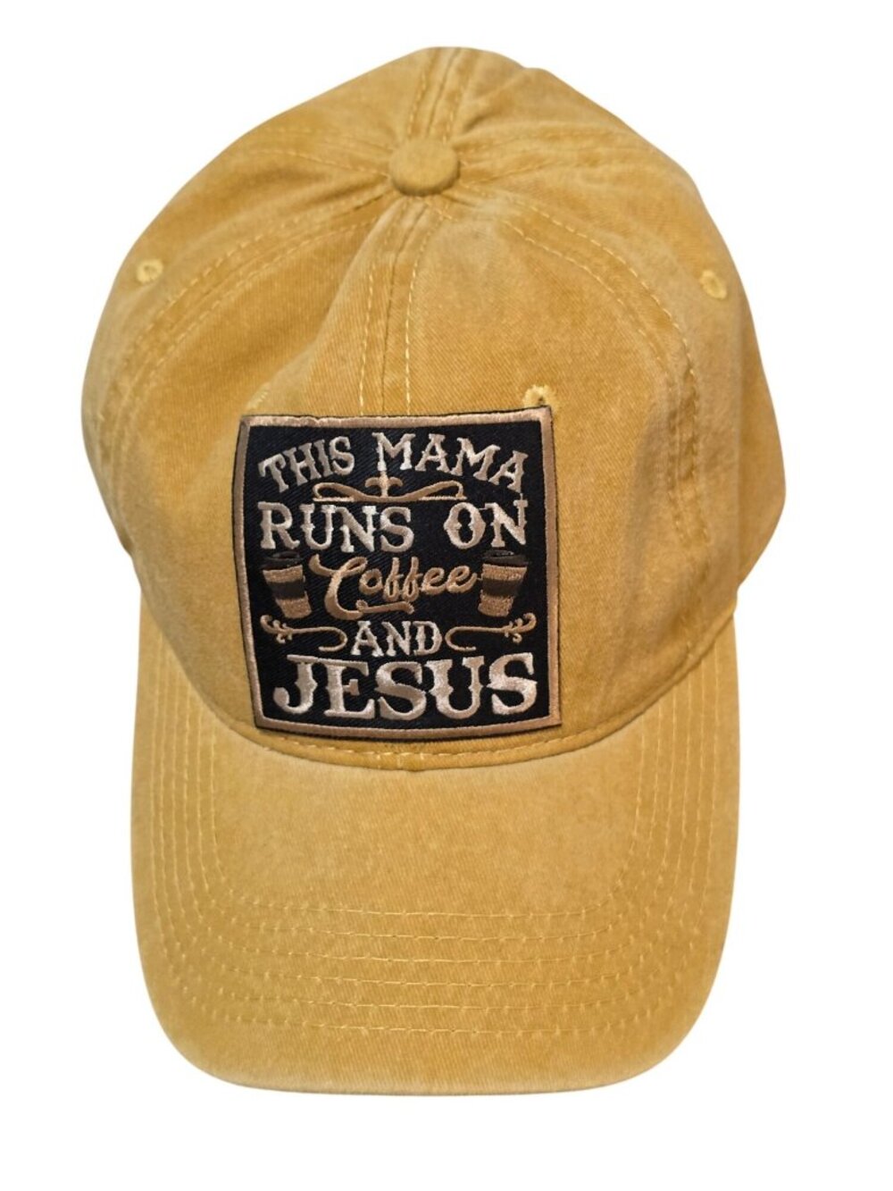 This Mama Runs On Coffee & Jesus Mustard Yellow Adjustable Baseball Cap - Picture 3 of 8